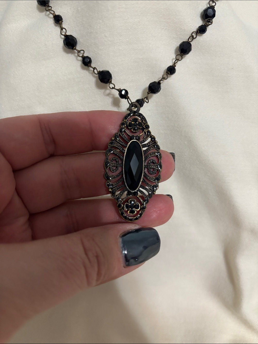 Vintage Filigree Oval Pendant With Beaded Necklace Costume Jewelry